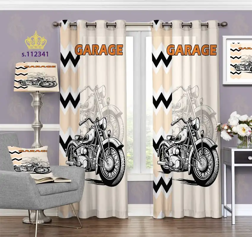 پرده تصویری با طرح موتور سیکلت و نوشته GARAGE