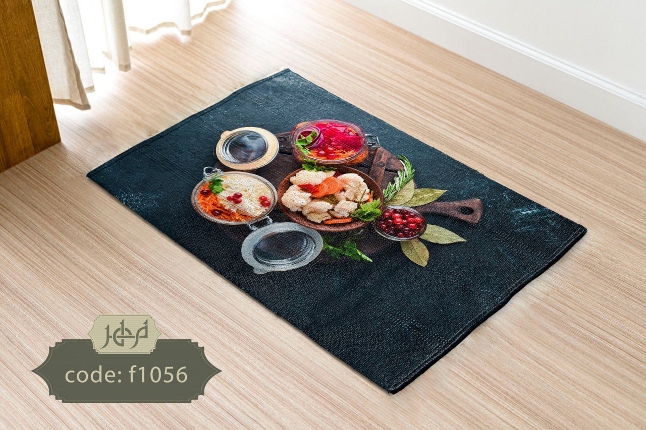 پادری مشکی با طرح ظروف و مواد غذایی رنگی در وسط