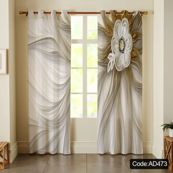 پرده تصویری با گل سفید بزرگ و خطوط موج‌دار خاکستری و بژ