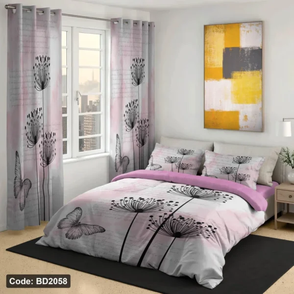 ست روتختی و پرده دونفره کتان نخ طرح پروانه و گل خاکستری بژ کد BD2058