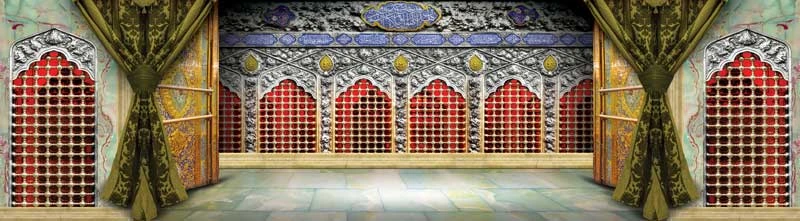 طرح مذهبی با نمای ضریح و پنجره‌های مشبک قرمز
